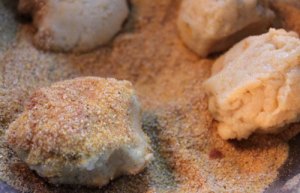 dog cookie dough getting rolled into cornmeal and cinnamon mixture