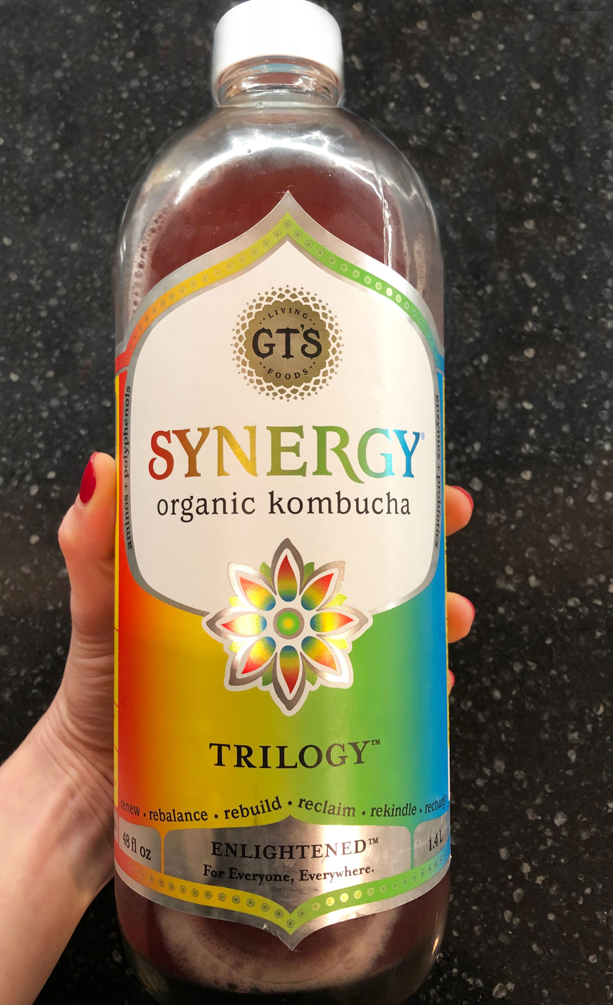 Large bottle of GT's Trilogy kombucha. | thetopknotkitchen